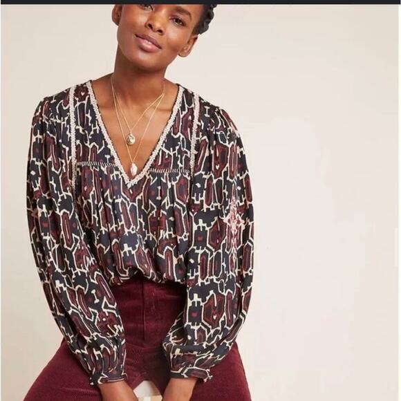 Anthropologie Maeve Veda Embroidered Blouse Size XSP  Brown Motif - Picture 1 of 10